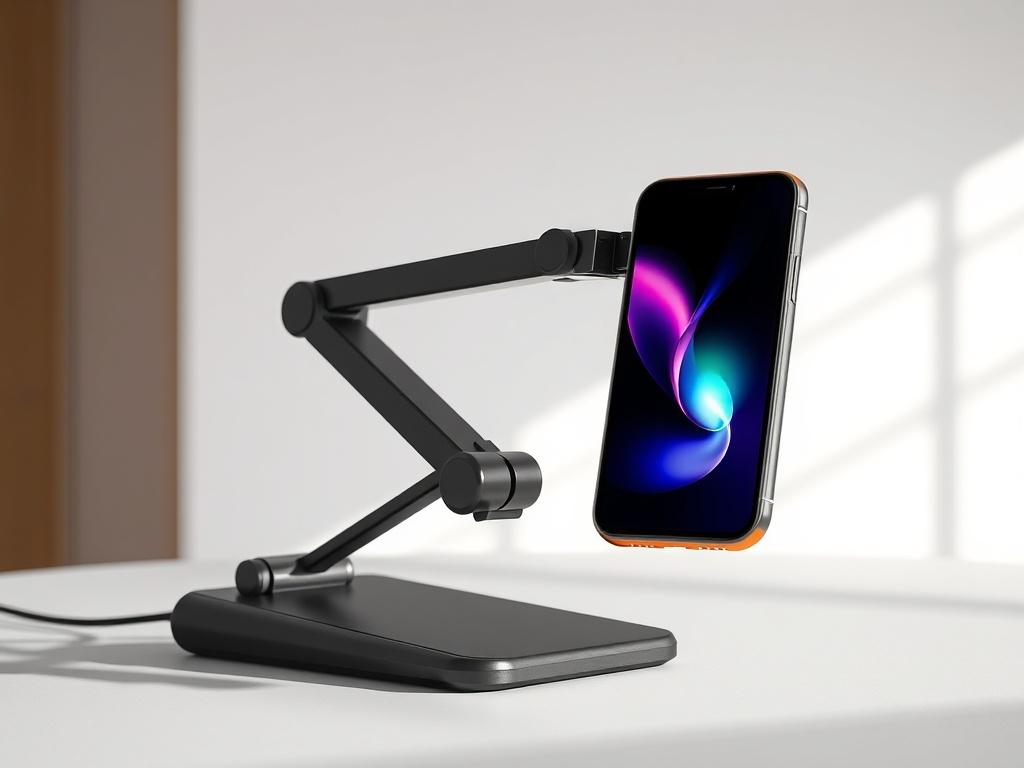 A stylish smartphone stand in a modern setting, featuring an adjustable arm to showcase its versatility. The stand should cradle a smartphone, demonstrating its functionality. The background should be minimalistic, emphasizing the product's sleek design and color, while focusing on essential elements.