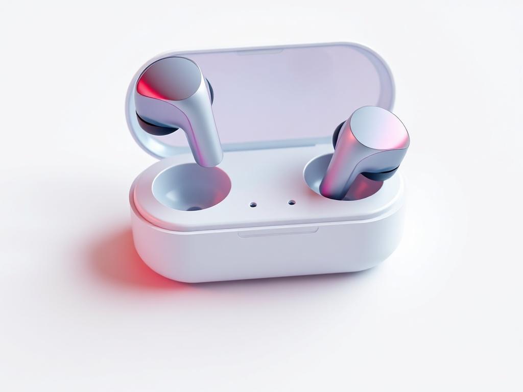 A pair of sleek wireless earbuds displayed on a minimalistic white background, showcasing their modern design and charging case. The earbuds should be positioned to highlight their contours and glossy finish, while the charging case adds context. Use vibrant colors to emphasize the product's appeal, focusing on the essential elements.