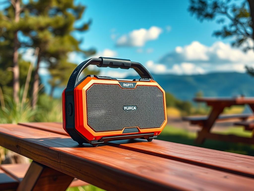 A robust Bluetooth speaker placed on a picnic table outdoors, surrounded by nature to emphasize its portability. The speaker should be shown in action, playing music, with vibrant colors reflecting its rugged design. The background should highlight the outdoor setting while keeping the focus on the speaker.