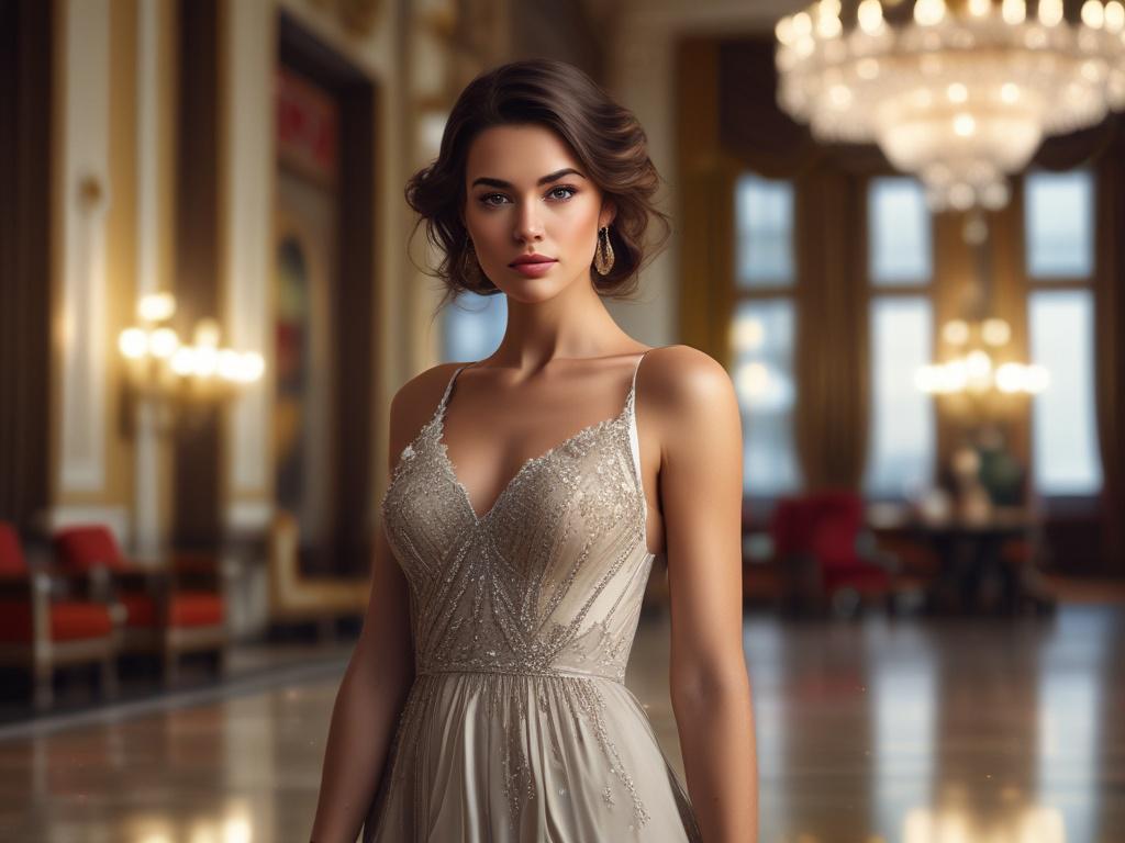 A glamorous and sophisticated young woman dressed in an elegant