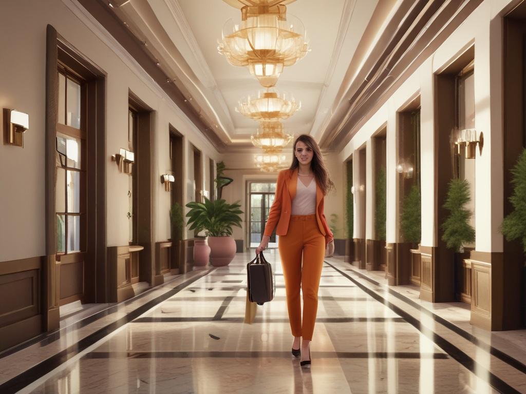 A stylish young woman in a chic outfit, arriving at