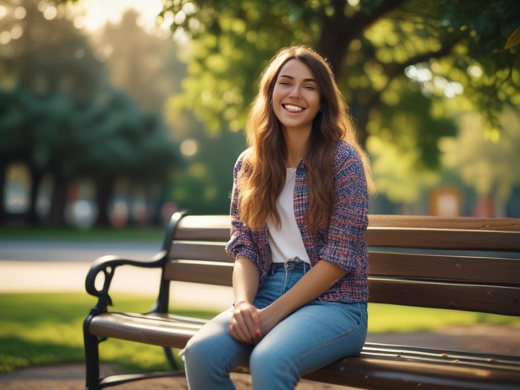 A cheerful young woman in casual yet stylish clothing, sitting