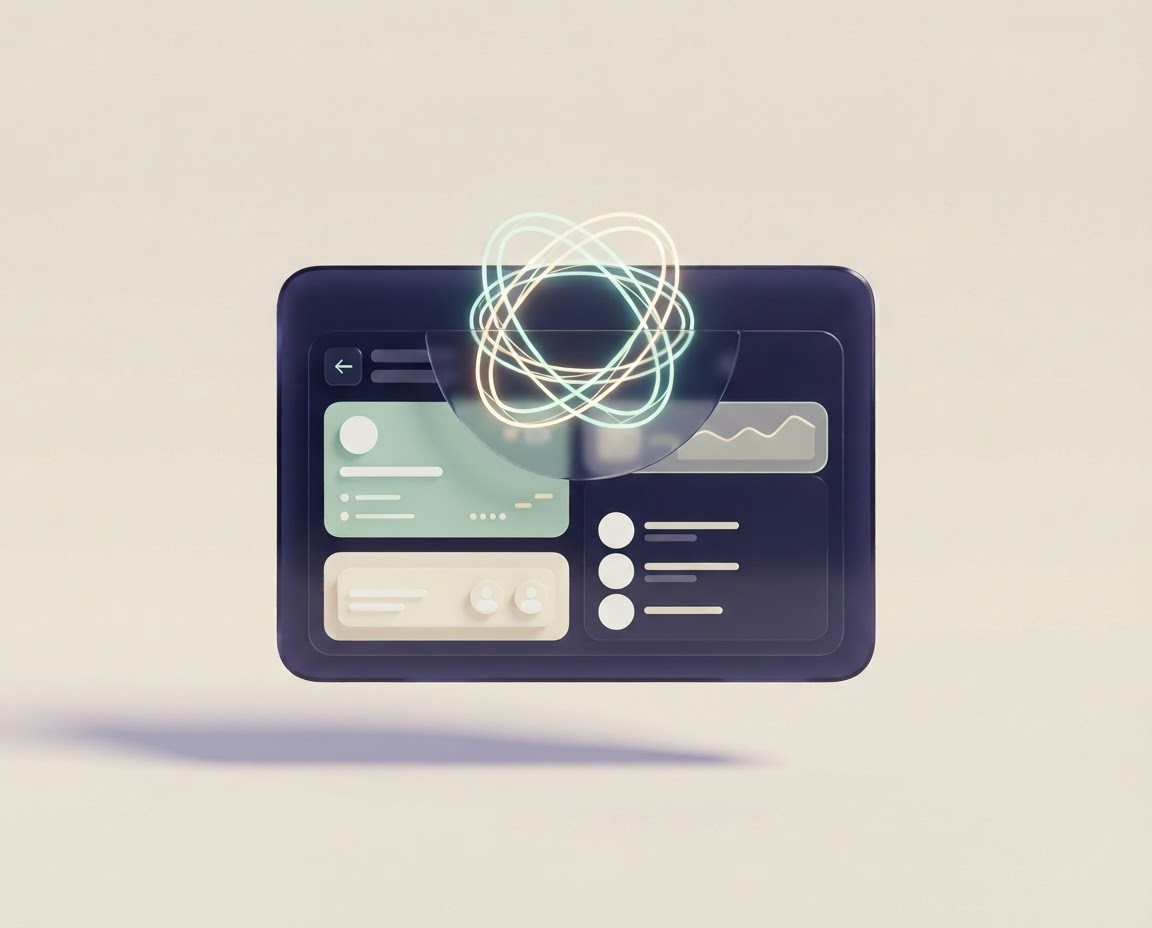 A sculptural digital wallet panel with luminous layered forms on a warm cream background