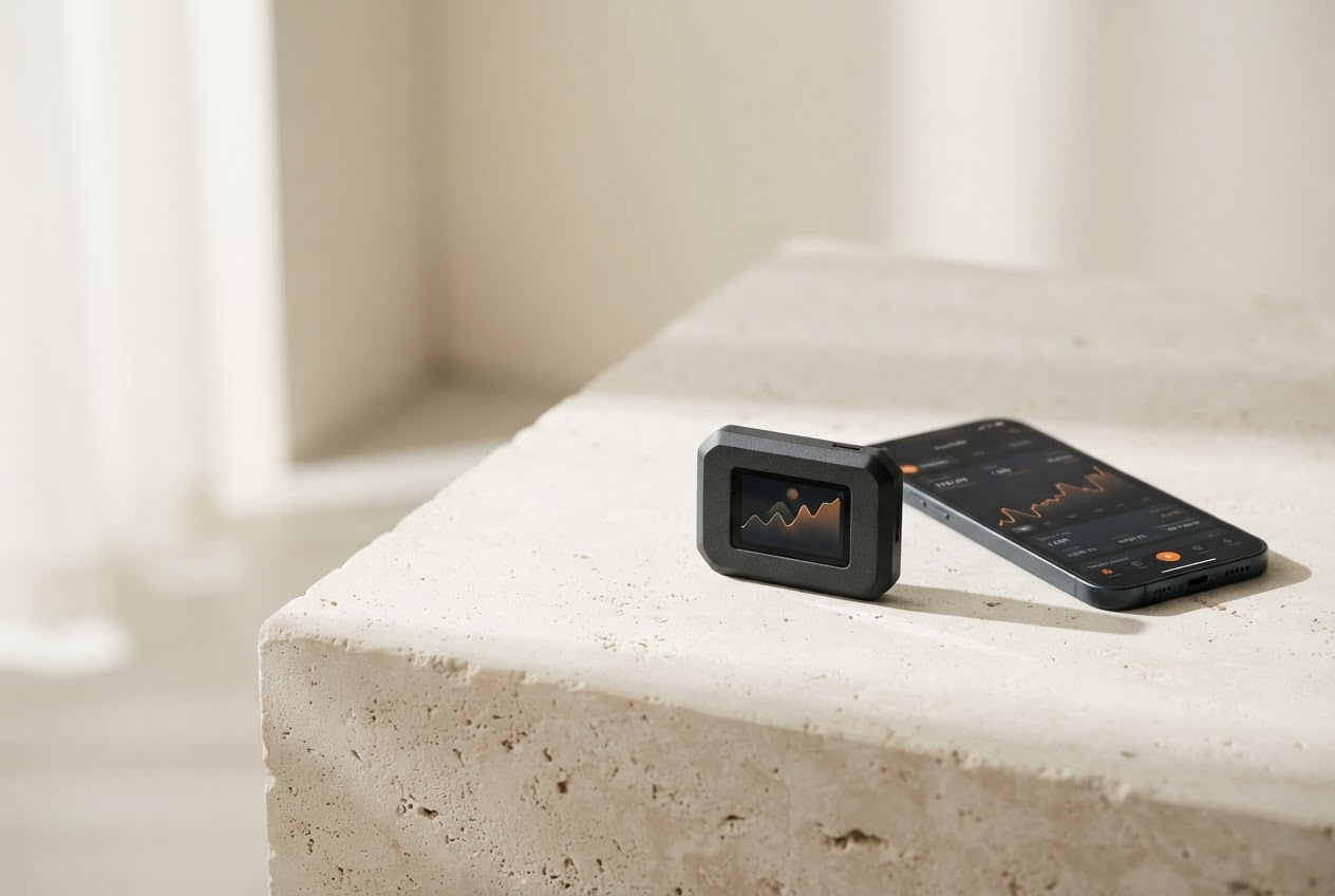 Trezor hardware wallet and smartphone on a sunlit stone surface
