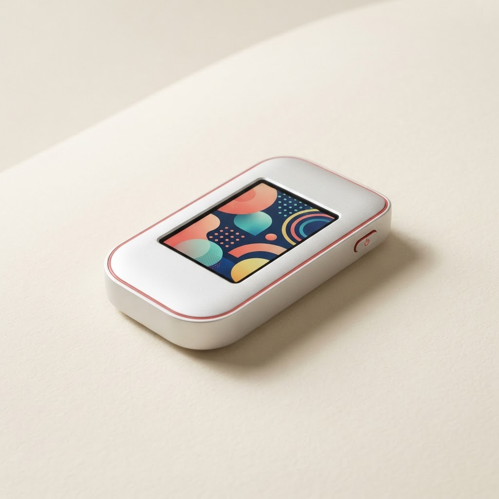 Light-colored touchscreen hardware wallet with coral accents