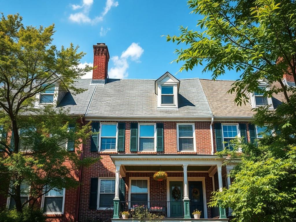 **AI Image Generation Prompt:**

Create a realistic, high-resolution photo of a historic rowhome in Hampden, Maryland. The composition should be simple and clear, featuring a single subject: an older rowhome with distinct architectural details, such as charming brickwork and a classic front porch. The background should include hints of a vibrant neighborhood, showcasing tree-lined streets and a beautiful blue sky to reflect the local ambiance. The image should capture the essence of the typical Hampden home