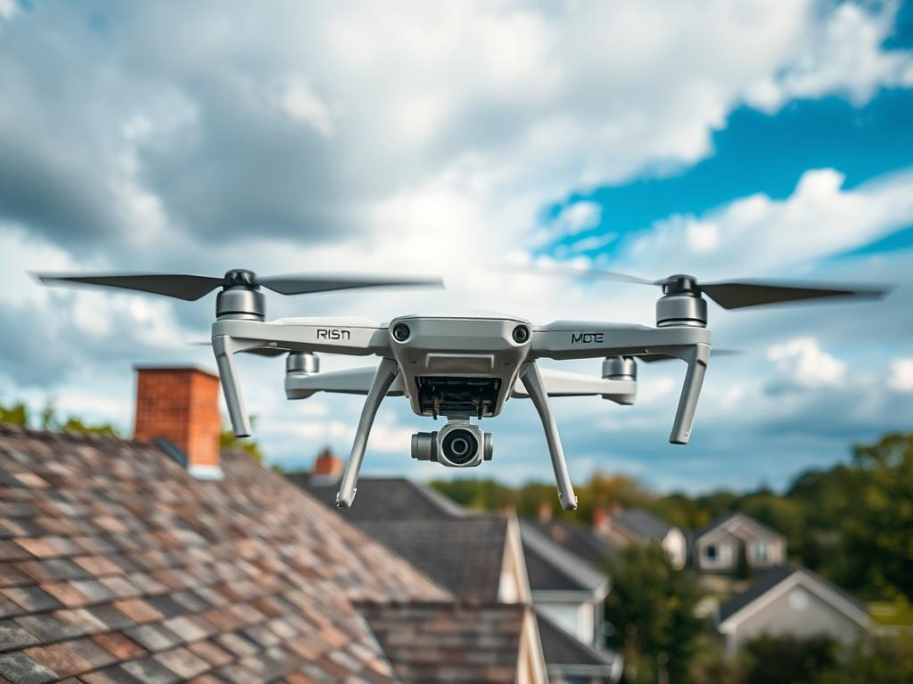 Create a realistic high-resolution photo that reflects the blog titled "Blog For Overlea." The image should feature a close-up shot of a drone hovering above a suburban home in Overlea, Maryland. The composition should be simple, focusing solely on the drone as the main subject. 

The drone should be depicted in clear detail, showcasing its high-tech features and camera equipment, highlighting its role in roof inspections. Below the drone, capture a portion of a residential roof, ideally showing weathered s