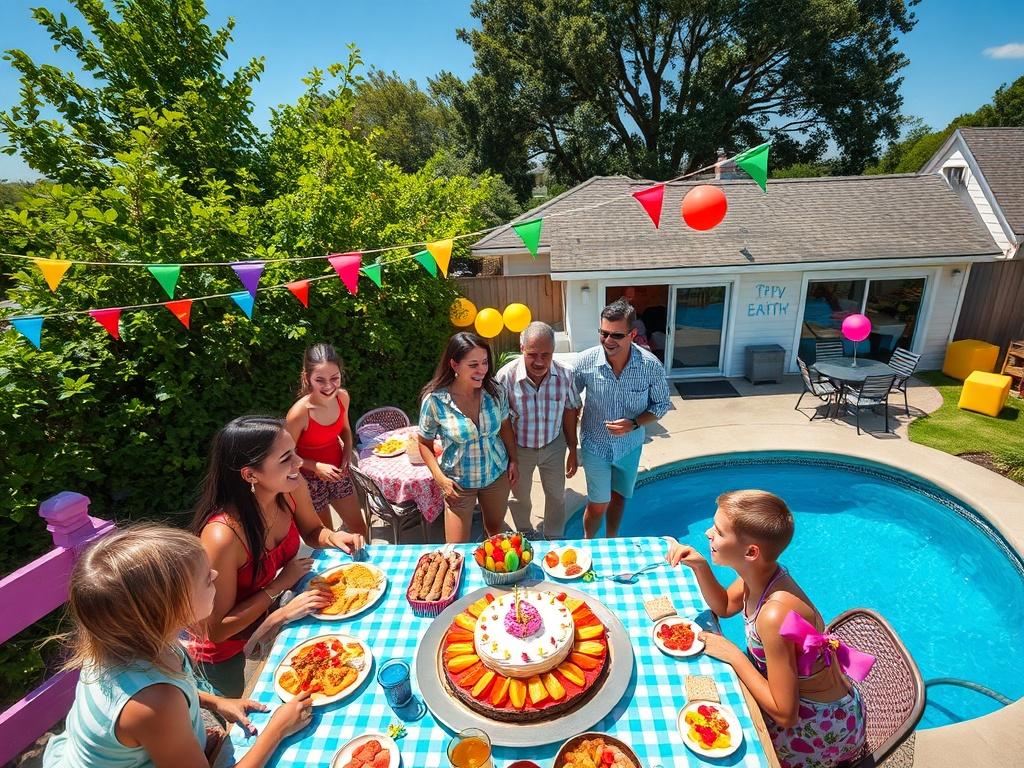 A high-resolution aerial view of a vibrant backyard party scene, with a joyful gathering of family and friends celebrating a birthday. The composition should show colorful decorations, a pool, and a table filled with delicious food. The scene captures laughter and happiness, with children playing and adults mingling. The background should have lush green trees and a clear blue sky, emphasizing the festive atmosphere. The image should have a realistic feel, shot with a focus on vibrant colors and details, sh