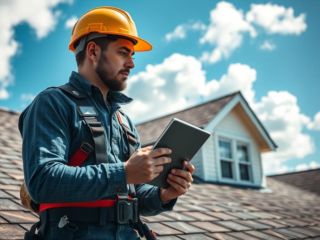 Create a realistic high-resolution photo focused on a single subject—the close-up of a skilled roof inspector examining a residential roof. The inspector should be wearing a safety harness and a hard hat, clearly demonstrating safety precautions. Capture the inspector holding a tablet or clipboard while looking attentively at the roof shingles, with tools like a flashlight and a digital camera visible nearby, emphasizing the thoroughness of the inspection process.

In the background, depict a bright blue sky with fluffy white clouds, creating a positive and inviting atmosphere. The house should be a charming suburban home with well-maintained shingles, adding context to the inspection. The composition should be simple and clear, highlighting the inspector and their tools as the primary focus, while the background subtly complements the subject without distracting from it.

Use a hyper-realistic style with a depth of field effect, creating a soft blur on the background to draw attention to the inspector and their work. Ensure the image resonates with the theme of home maintenance and the importance of roof inspections for homeowners.
