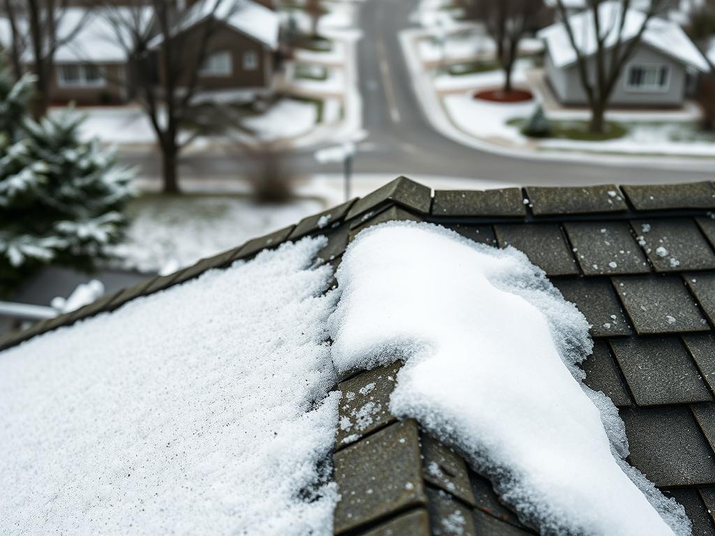 **AI Image Generation Prompt:**

Create a realistic high-resolution photo featuring a single, close-up subject that encapsulates the theme "When The Snow Melts." The subject should be a snow-drenched rooftop with visible signs of melting snow. Ensure the focus is on one specific area of the roof demonstrating lifted shingles and melting snow pooling at the edges. The shingles should appear slightly curled, with a few cracked sections, showcasing clear deterioration after the thaw. 

In the background, depic