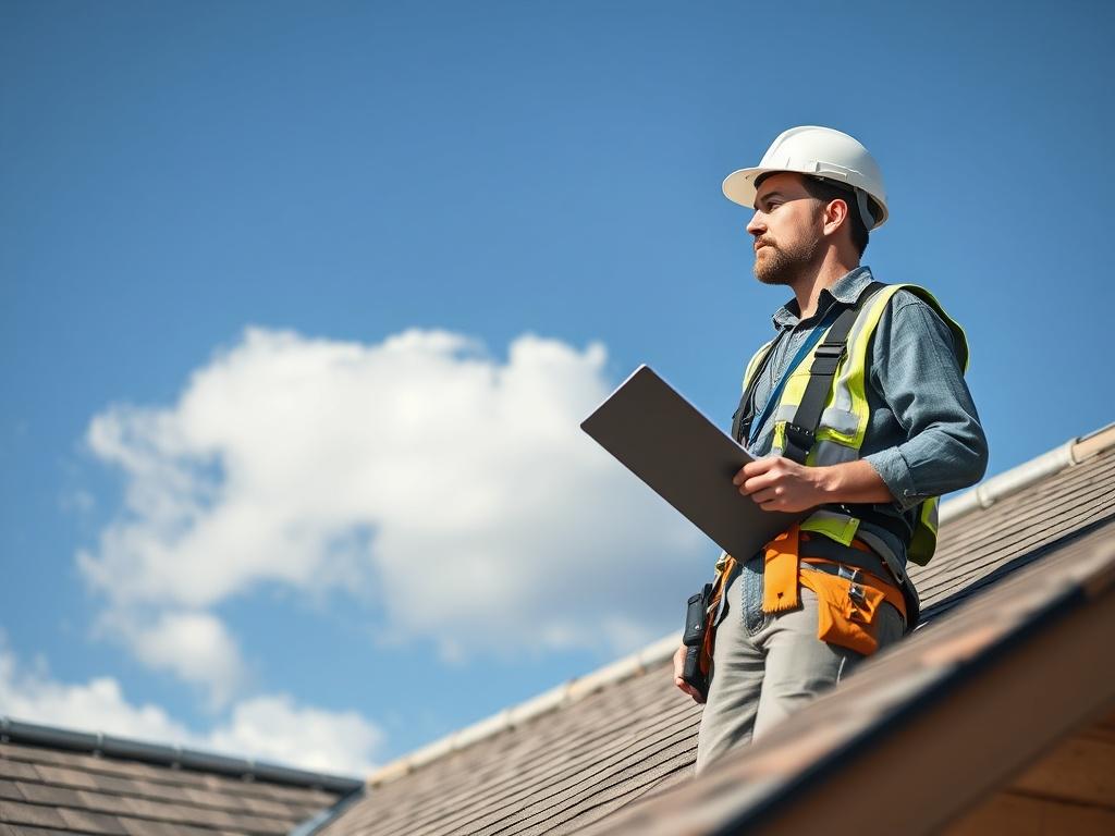 Create a realistic high-resolution photo that illustrates the importance of roof inspections for homeowners. The composition should be simple and clear, focusing on a single subject - a professional roofing inspector standing on a sloped roof during daylight. The inspector, wearing safety gear including a hard hat and harness, should be examining the roof with a clipboard in hand, symbolizing diligence and care.

The background should feature a bright blue sky with a few fluffy white clouds, providing a sen