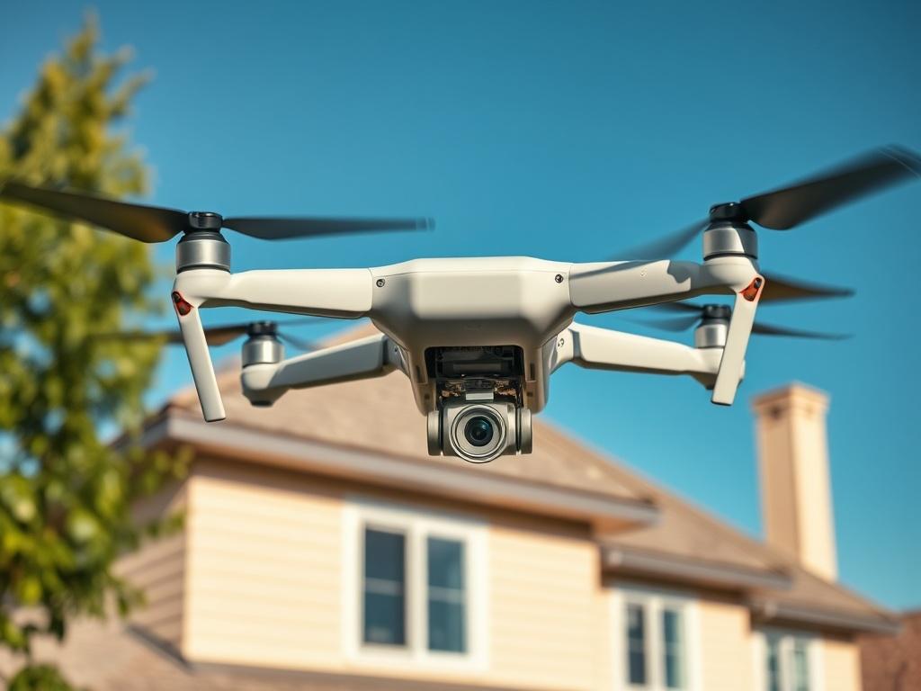 A drone flying over a residential building, capturing high-resolution images of the roof. The focus is on the drone in the foreground with the roof clearly visible, showcasing shingles and potential issues. The background shows a clear blue sky, emphasizing the drone’s perspective. The composition is simple and clear, highlighting the inspection process.