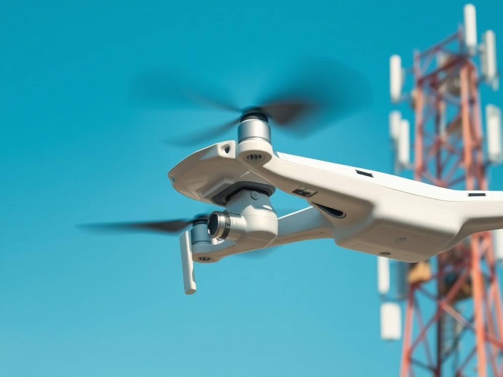 A drone positioned near a cell tower, capturing detailed images of the structure. The foreground shows the drone in sharp focus, while the towering communication structure is visible behind it. A clear blue sky serves as a backdrop, highlighting the precision of the inspection.