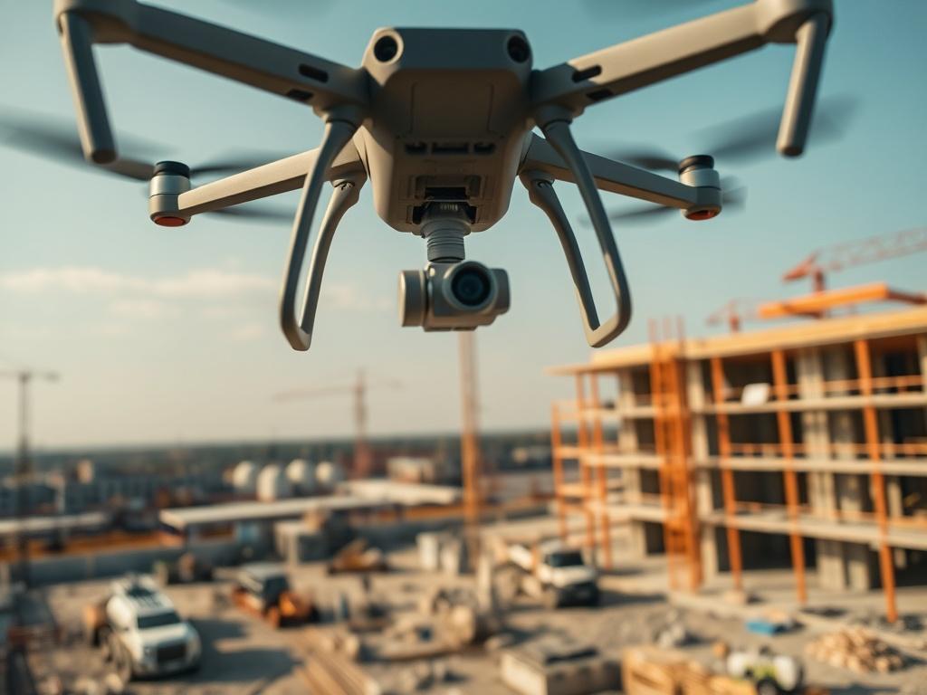 A drone hovering over an active construction site, capturing images of equipment and workers. The foreground features the drone clearly in focus, while the site is visible below showcasing various stages of construction. The background is a clear sky, creating a professional and dynamic atmosphere.