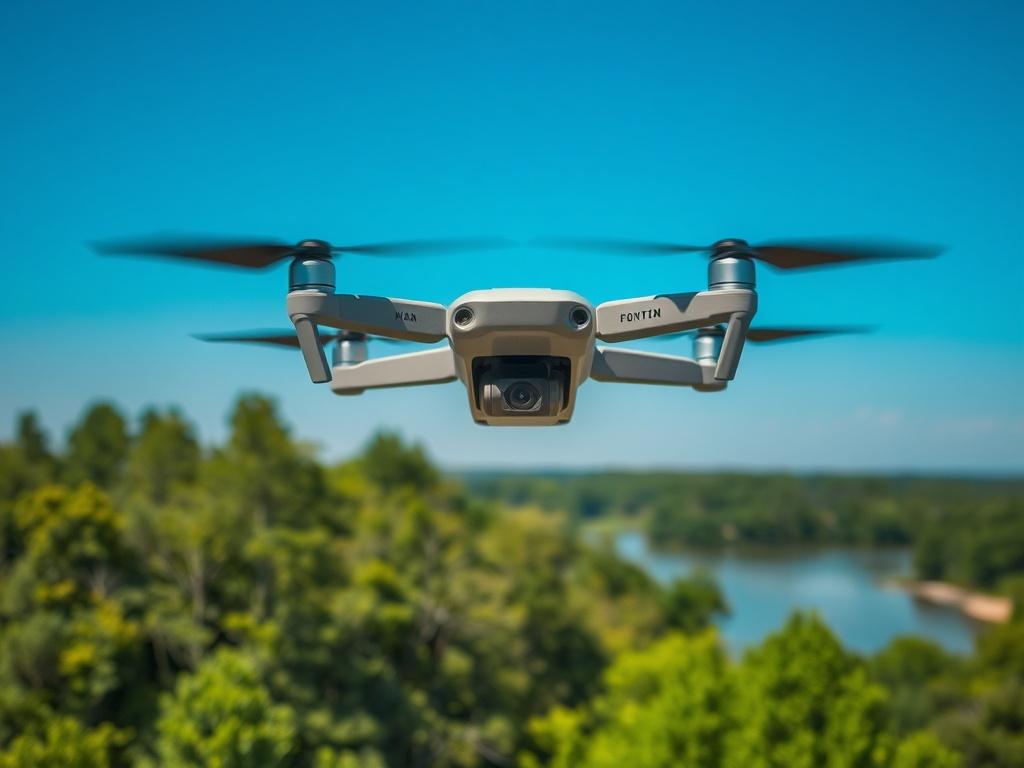 A high-resolution close-up shot of a drone flying over a scenic landscape in Middle River, Maryland. The drone is the main subject, captured mid-flight against a vibrant blue sky. The background includes lush green trees and a clear view of a river, showcasing the natural beauty of the area. The composition should be simple, highlighting the drone's design and functionality, with a focus on realism and detail. The image should evoke a sense of innovation and professionalism, compatible with the rgb(50, 170,