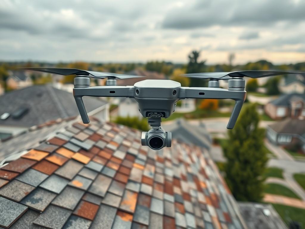 **AI Image Generation Prompt:**

Create a highly detailed, hyper-realistic photo of a drone inspecting a residential roof in Perry Hall, Maryland. The composition should be simple and focused, featuring the drone prominently in the foreground as it hovers over a sloped roof covered with weathered shingles, showcasing visible signs of wear and tear. The roof should exhibit distinct areas of discoloration, indicating moisture exposure, and suggest older shingles that may be vulnerable to damage. 

In the back
