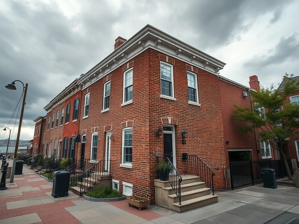 **AI Image Generator Prompt:**

Create a realistic high-resolution photo that captures the essence of Fells Point, Maryland, with a focus on a beautifully maintained historic rowhome. The composition should be simple and clear, featuring only one rowhome as the subject. The rowhome, characterized by its classic brick facade and charming architectural details, should be shown from a slightly angled perspective to highlight its unique features and the surrounding environment. 

In the background, depict a vie