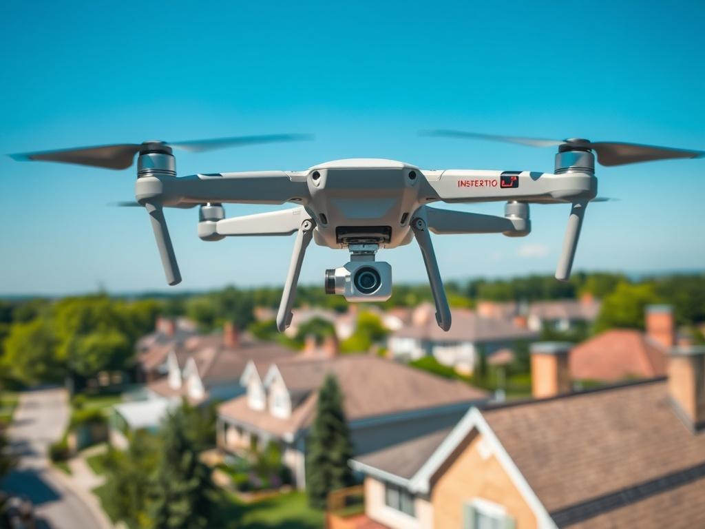 Aerial view of a drone during an inspection over a residential area in Essex, Maryland. The drone is clearly visible, hovering above rooftops, capturing high-resolution images. The background features lush greenery, suburban homes, and clear blue skies, creating a vibrant and professional atmosphere. The image is shot in hyper-realistic detail with a 45mm f/1.2 lens style.