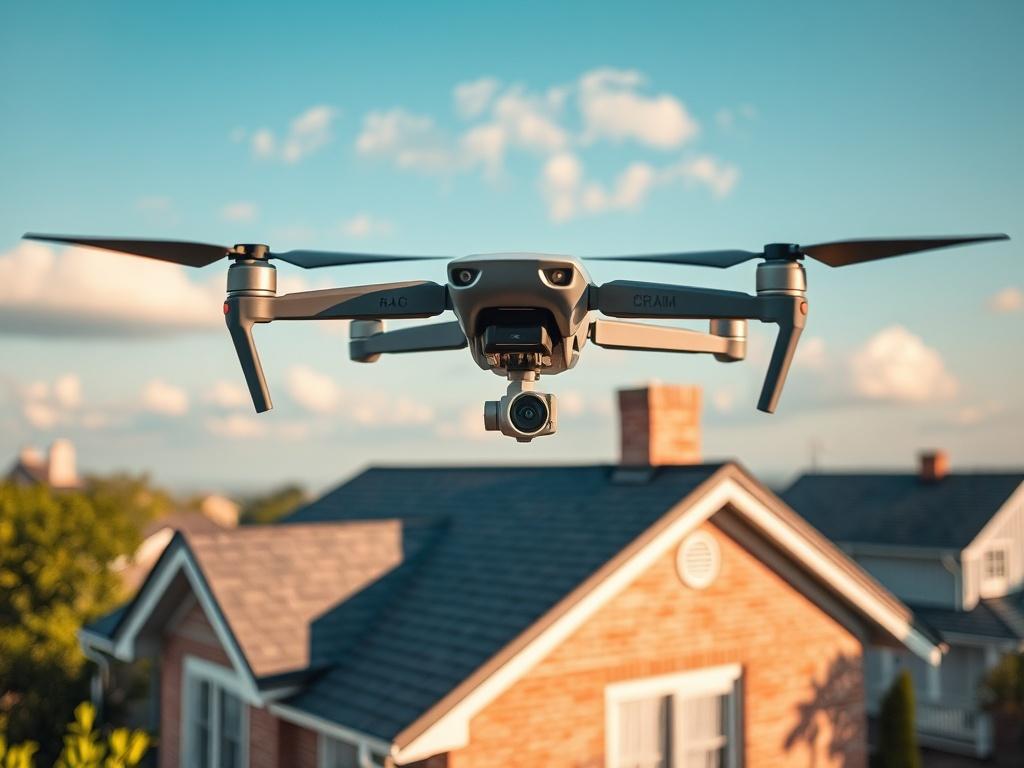 "Create a realistic high-resolution image focusing on a modern drone hovering above a suburban rooftop during daylight hours. The drone should be positioned centrally in the frame, capturing a close-up view of its sleek design, complete with visible propellers. Below, the roof of a classic single-family home should be detailed, showcasing shingles, gutters, and any visible wear or damage for emphasis on the inspection aspect. The background should feature a clear blue sky with a few soft, white clouds, emph