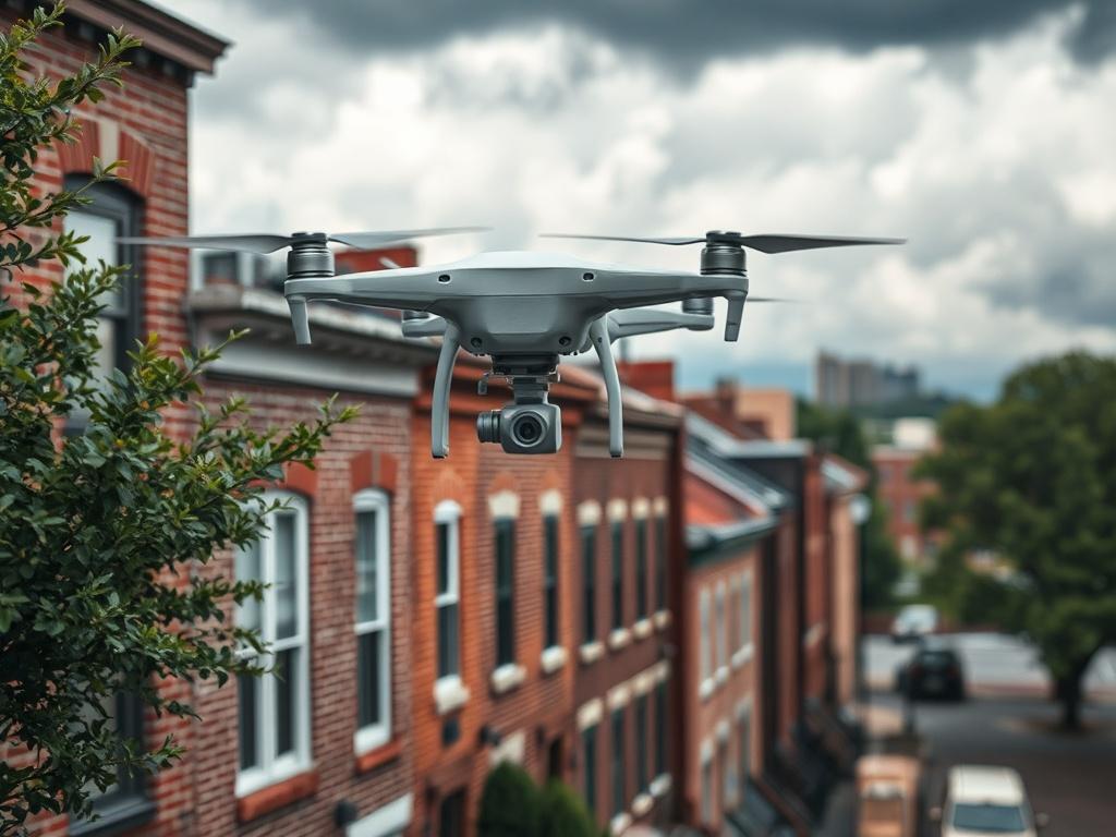 **AI Image Generation Prompt:**

Create a realistic high-resolution photo of a drone in action inspecting a roof in Baltimore City, Maryland. Compose the image with a clear focus on the drone hovering above a classic rowhome, capturing the unique architectural features typical of Baltimore's historic neighborhoods, such as brick facades and flat roofs. The background should showcase urban elements like adjacent rowhomes, trees lining the street, and indications of varied weather patterns, emphasizing storm 