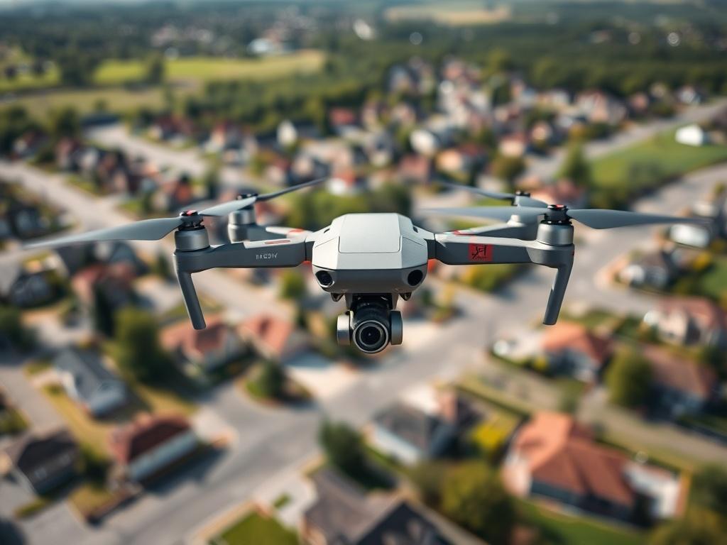 A high-resolution close-up shot of a drone in flight, capturing a stunning aerial view of a suburban neighborhood in Parkville, Maryland. The drone should be prominently featured in the foreground, with a blurred background showcasing homes and green spaces. The lighting should be bright and natural, emphasizing the vibrant colors of the landscape. The image should evoke a sense of innovation and technology in aerial photography.