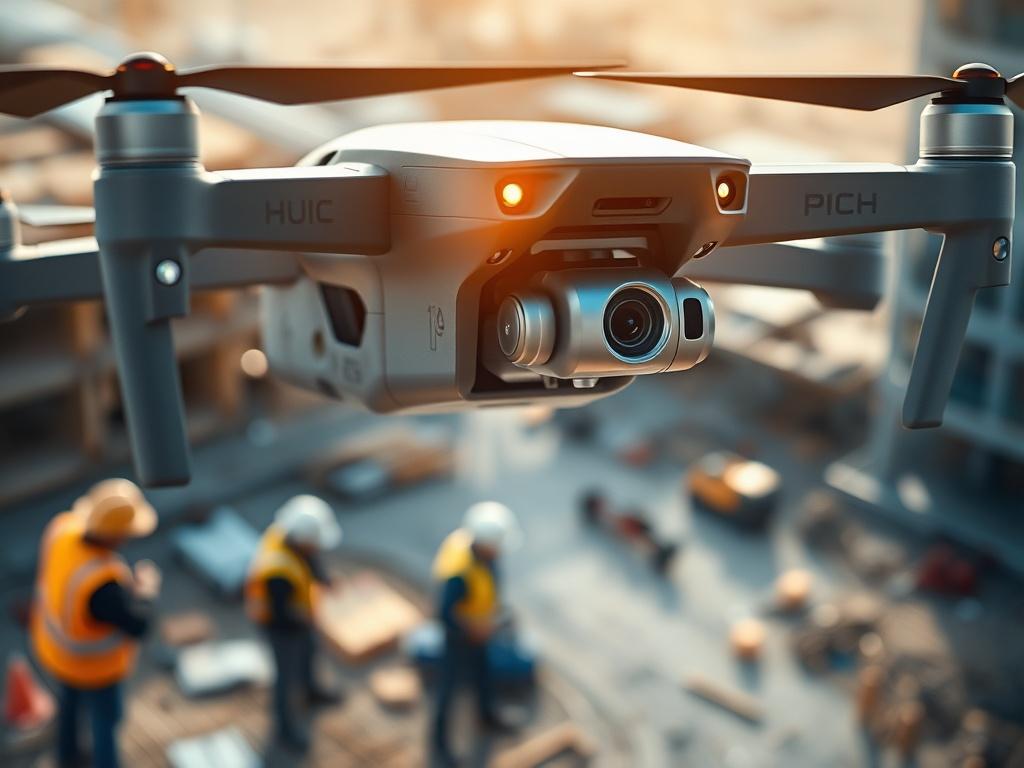 A high-resolution close-up shot of a drone hovering over a construction site, showcasing its high-tech features. The background should be slightly blurred, capturing the essence of construction work in progress with workers and equipment. The scene should convey a sense of precision and technology, with the drone's camera lens gleaming in the sunlight, highlighting its advanced capabilities. The primary color theme should incorporate rgb(50, 170, 39) for a fresh, modern look.