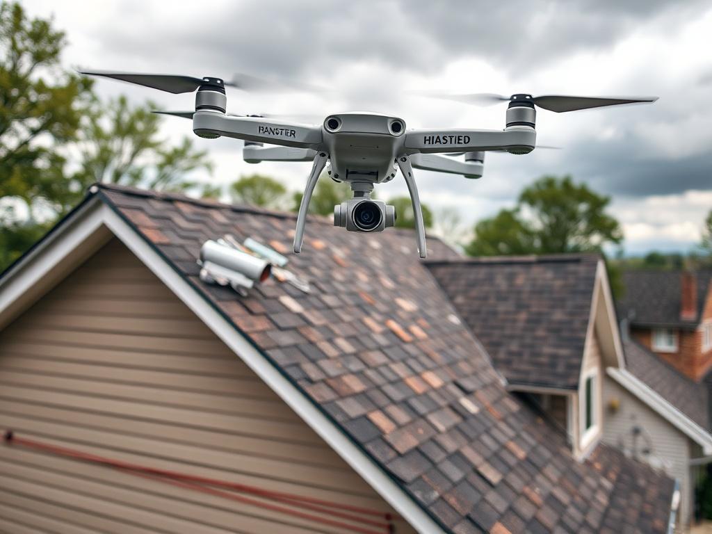 **AI Image Generation Prompt:**

Create a hyper-realistic, high-resolution photo reflecting the blog post titled "Parkville Roof Damage Is Getting Worse — Why Drone Inspections Are Now Essential in 2026." The composition should be simple and clear, focusing solely on the subject of a modern drone flying above a typical suburban house in Parkville, Maryland, showcasing roof damage. 

**Subject Matter:** The drone should be positioned above the house, capturing the roof from an aerial view. The roof should di