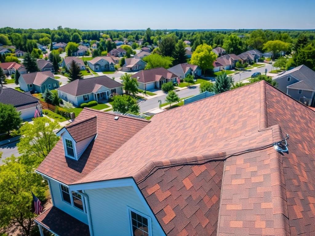 **AI Image Generation Prompt for Blog on White Marsh:**

Create a realistic high-resolution photo featuring a single, aerial view of a residential neighborhood in White Marsh, Maryland, during a clear, sunny day. The composition should focus on one well-maintained home with a recently inspected roof, showcasing vibrant shingles that reflect a sense of care. The background should include a mix of nearby houses, lush green trees, and a clear blue sky, emphasizing a suburban environment. Capture the details of