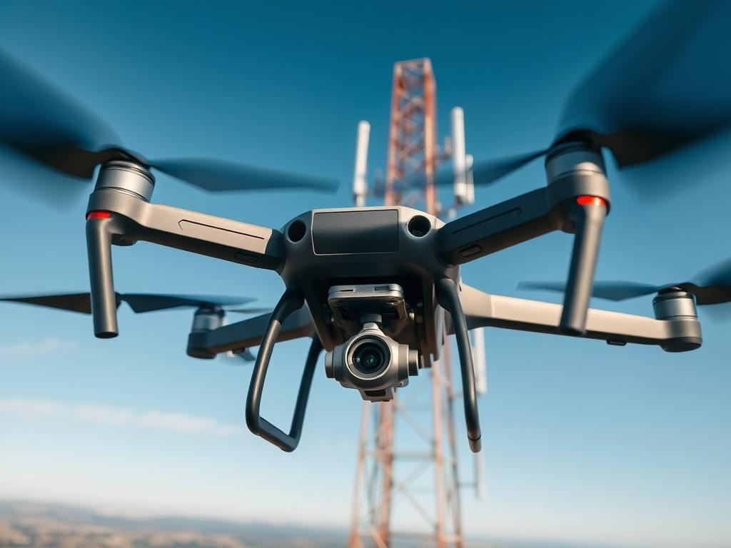 A drone flying close to a tall cell tower, capturing detailed images of antennas and structural elements. The background features a clear sky and distant landscape, illustrating the height of the tower. The focus is on the drone's camera angle, emphasizing its capability to inspect hard-to-reach areas safely.