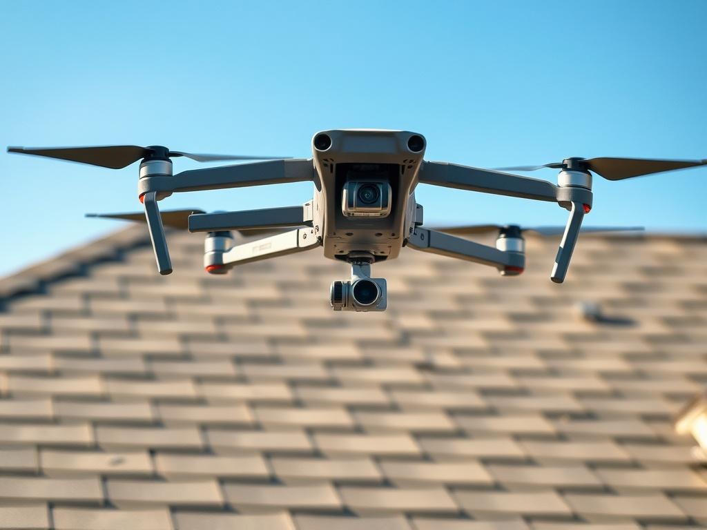 A high-resolution aerial view of a residential roof being inspected by a drone. The drone hovers close to the roof surface, capturing details of shingles and potential damage. The background shows a clear blue sky, emphasizing the advanced technology used in the inspection. The scene should be well-lit, showcasing the drone in action with a focus on its design and the roof below.
