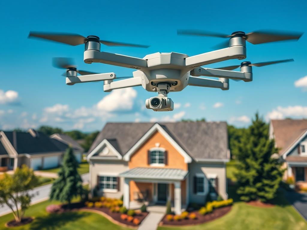 **AI Image Generator Prompt:**

Create a realistic high-resolution photo of a drone in action, capturing a detailed aerial view of a residential home in Rossville, Maryland. The composition should be simple yet engaging, with the drone hovering above the house, showcasing its advanced features and technology. The background should include a clear blue sky with a few fluffy clouds, emphasizing a bright and pleasant day. 

The house should be depicted in a well-maintained suburban neighborhood, surrounded by 