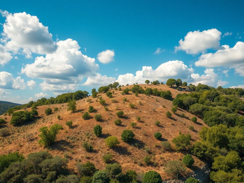A high-resolution aerial view of a property showcasing clear lot boundaries, terrain features, and tree coverage. The composition should focus on a single property with defined edges, highlighting usable space and natural features, captured in bright daylight. The background should be a blue sky with fluffy white clouds, emphasizing the clarity and detail of the land below.