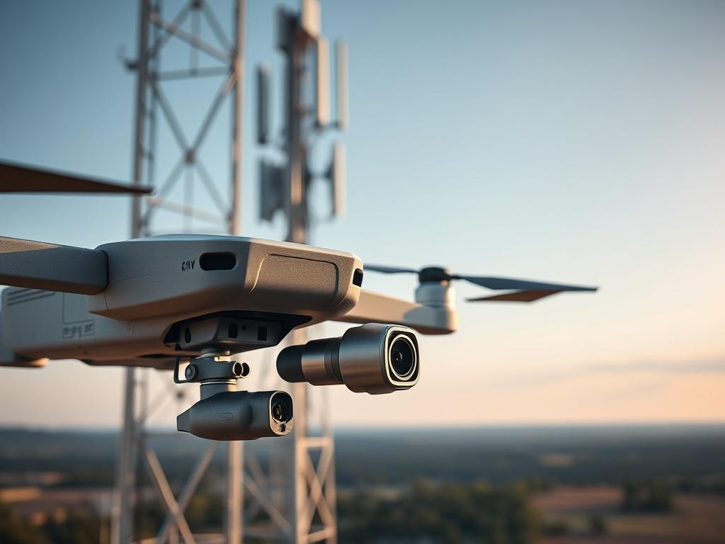 A close-up shot of a drone inspecting a cell tower. The drone is positioned near the tower, capturing detailed images of the structure and antennas. The background should include a clear sky and a landscape view. The focus is on the drone's camera and the tower, emphasizing the inspection process.