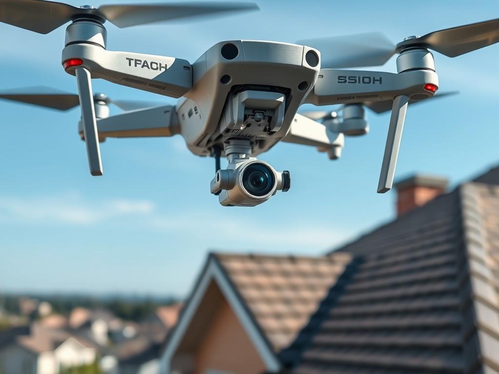 A high-resolution close-up shot of a drone inspecting a residential roof. The drone is equipped with a camera, capturing detailed images of the roof surface. The background shows a clear blue sky and the outline of a suburban neighborhood. The focus is on the drone's camera and the roof below, emphasizing the inspection process.