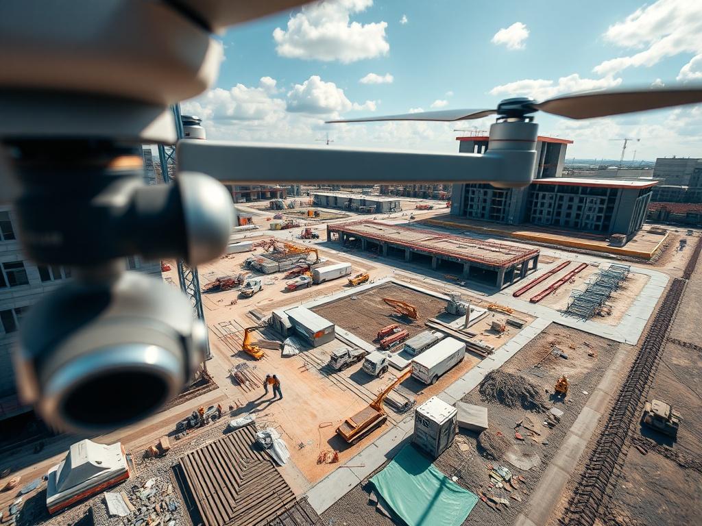 A stunning aerial view of a construction site captured by a drone. The image should show construction machinery, workers on-site, and various stages of building development. The background features a clear sky with some clouds. The focus is on the construction activities and the layout of the site, showcasing the mapping process.