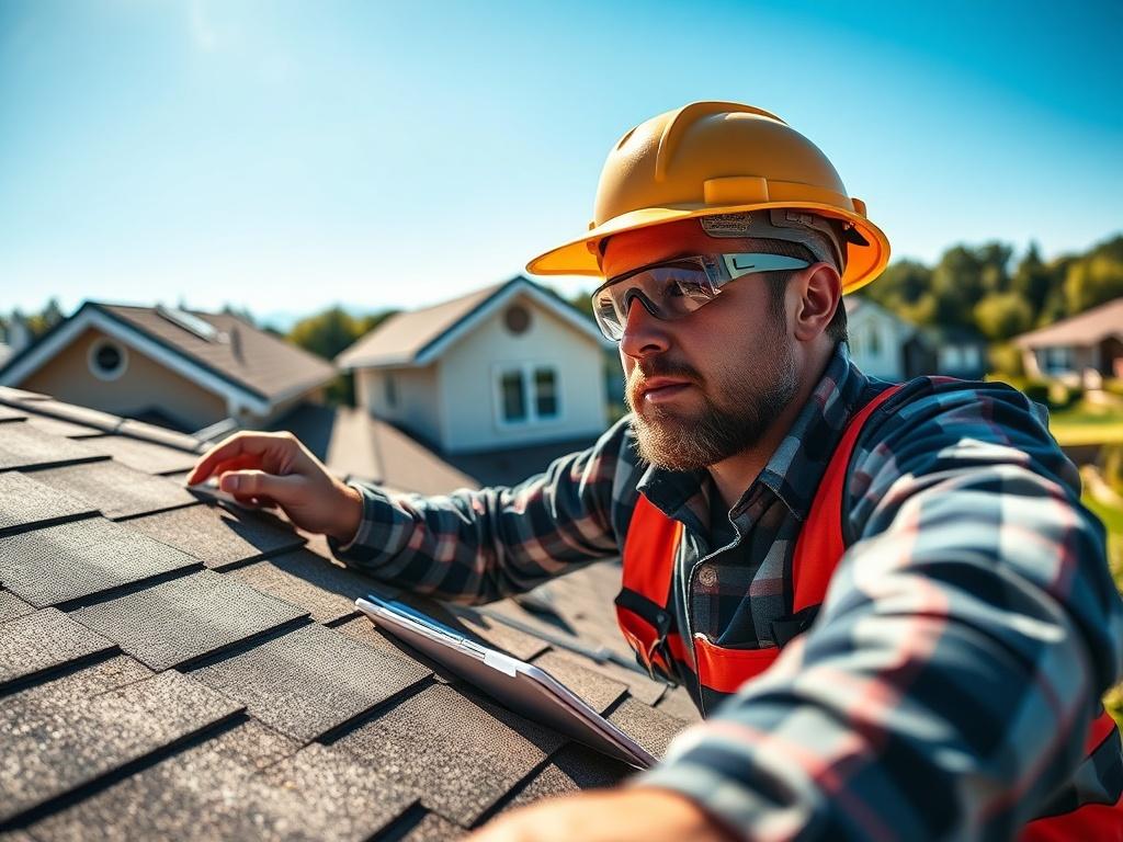 Create a highly detailed and realistic high-resolution photo that embodies the theme of "The Importance of Roof Inspections." The image should feature a close-up shot of a seasoned roofing inspector examining a residential roof. The inspector should be positioned at the forefront, wearing safety gear such as a hard hat and safety goggles, with a focused expression as they inspect shingles and potential damages.

The background should consist of a clear blue sky highlighting the home with an attractive, well