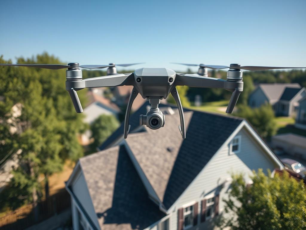 **AI Image Generation Prompt:**

Create a realistic, high-resolution photo that encapsulates a blog post centered on the topic of roof issues faced by homeowners in Timonium, Maryland, in 2026. The composition should be simple and clear, featuring a single subject: a professional drone hovering just above a residential home with a sloped roof, surrounded by scenic elements typical of the Timonium area.

The subject should be depicted in sharp focus, showcasing the drone capturing high-resolution images of t