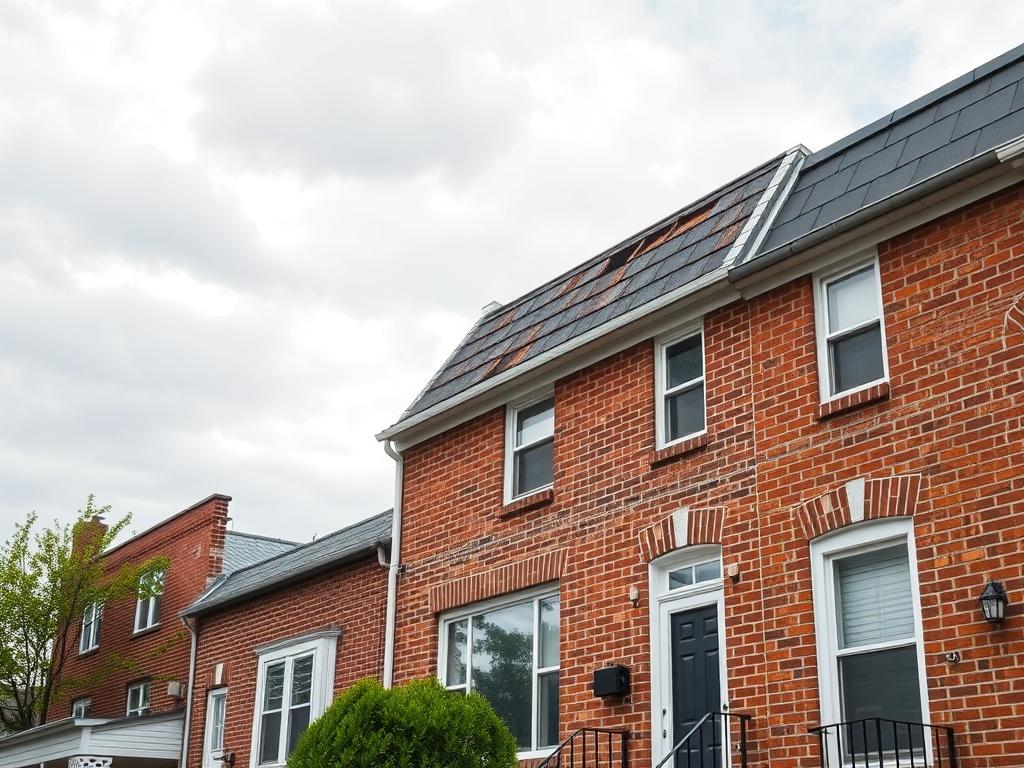 **AI Image Generation Prompt:**

Create a realistic high-resolution photo showcasing a single, well-maintained rowhome in Dundalk, Maryland, representing the architectural style typical of the area. The rowhome should feature traditional brickwork with visible signs of wear on the roof, highlighting the increasing roof damage homeowners are facing due to environmental factors. Capture the image at a slight angle to show both the front facade and the roof, emphasizing the importance of roof inspections.

In 