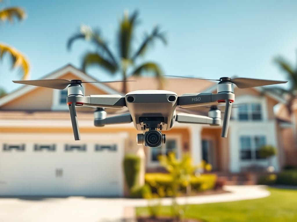 A high-resolution aerial shot showcasing a drone capturing imagery of a residential property. The drone is positioned in the foreground, with the property clearly visible in the background. The setting is bright and sunny, emphasizing the clarity and detail of the aerial view. The composition should be simple and clear, focusing on the drone and the property, capturing the essence of professional drone services.