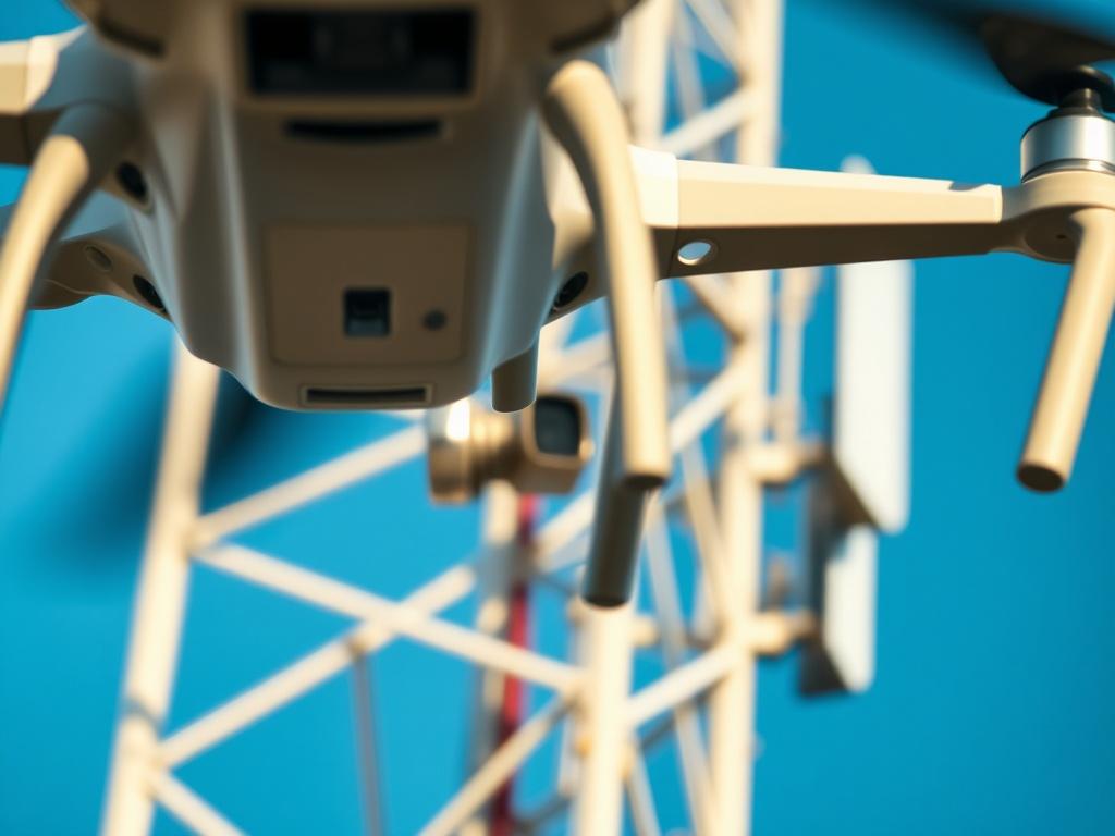 A drone flying near a cell tower, capturing images of