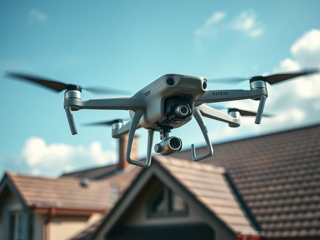 A drone hovering over a residential roof, capturing high resolution
