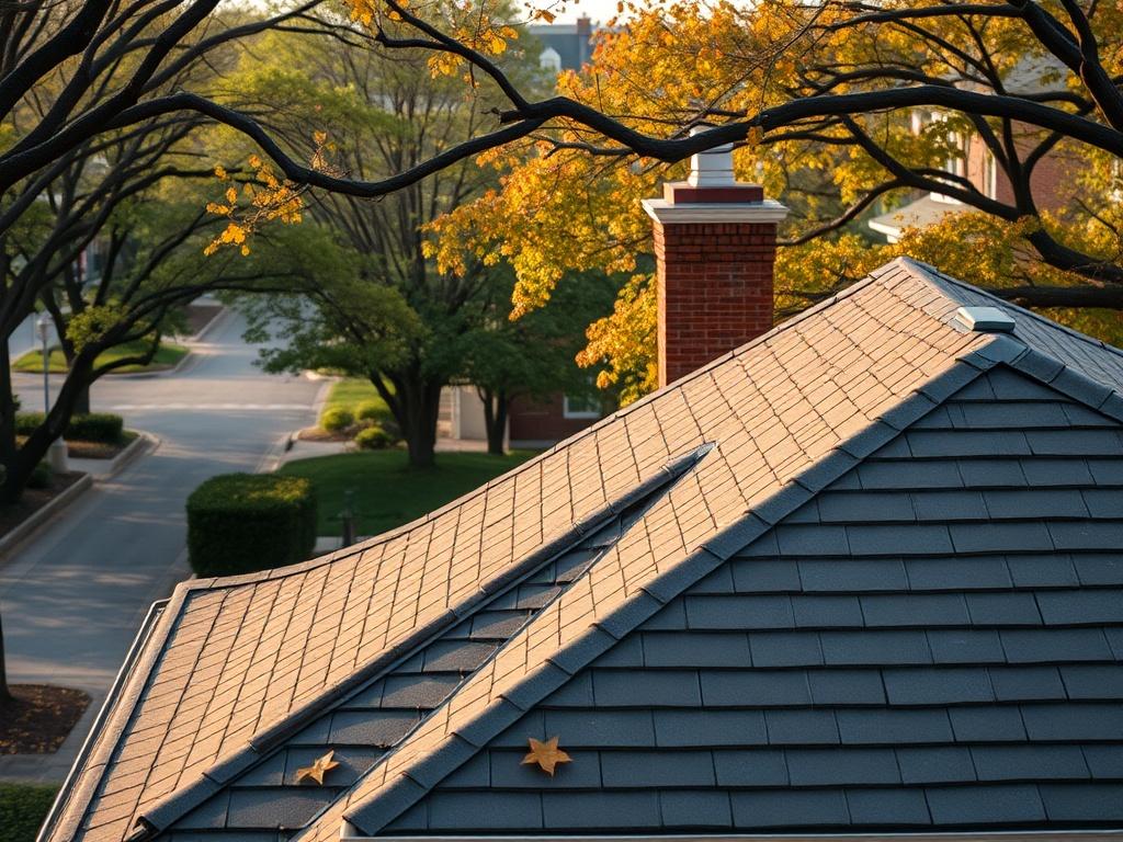 **AI Image Generation Prompt:**

Create a realistic high-resolution photo that embodies a blog focused on "Roland Park, Maryland". The image should feature a close-up shot of a charming, historic home in Roland Park, showcasing its traditional architectural details and character. The primary subject should be a well-preserved rooftop with visible aging shingles, reflecting the vintage style of the neighborhood. In the background, include gently sloping tree-lined streets with overhanging branches and a few 