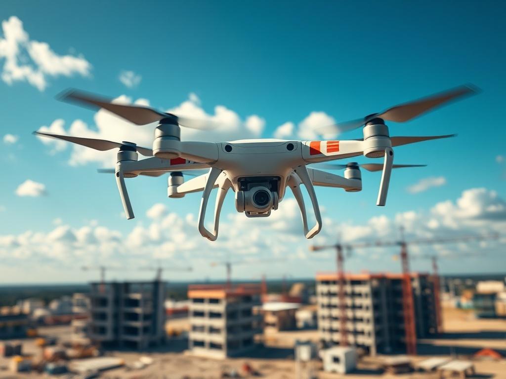 A close-up shot of a drone in action over a construction site, capturing aerial views of the structures below. The drone should be prominently displayed in the foreground, with a clear blue sky and scattered clouds in the background. The focus should be sharp on the drone, showcasing its details and technology, while the construction site appears slightly blurred to emphasize the drone's operation. The image should be vibrant and realistic, with a primary color scheme that includes rgb(50, 170, 39).