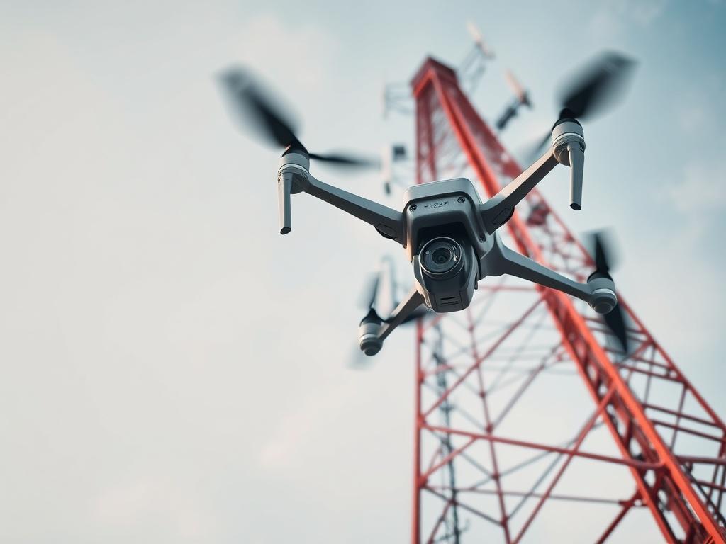 A drone inspecting a tall cell tower, showcasing its intricate structure. The drone's camera captures clear images of antennas and cables, with a backdrop of a clear sky. The composition emphasizes the height of the tower and the advanced technology used for the inspection.
