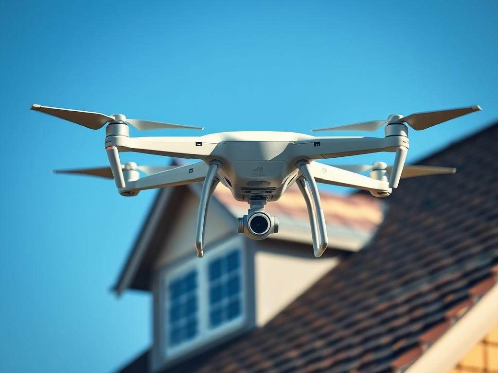 A drone hovering over a residential roof, capturing detailed images. The scene showcases a clear blue sky in the background, highlighting the roof's condition. The composition is focused on the drone's perspective, with the roof prominently displayed in the foreground, emphasizing the technology used for the inspection.
