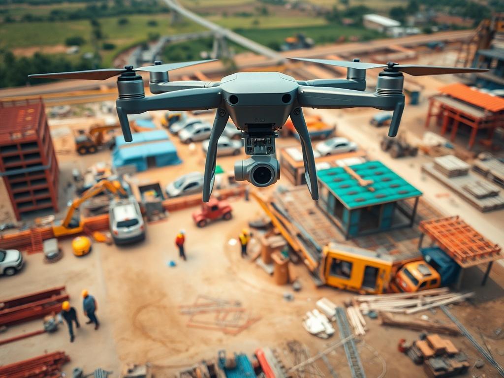 A drone flying over a construction site, capturing images for mapping purposes. The scene shows workers on-site, machinery, and structures under development. The vibrant colors of the construction materials contrast with the surrounding landscape, creating a dynamic perspective of the ongoing project.