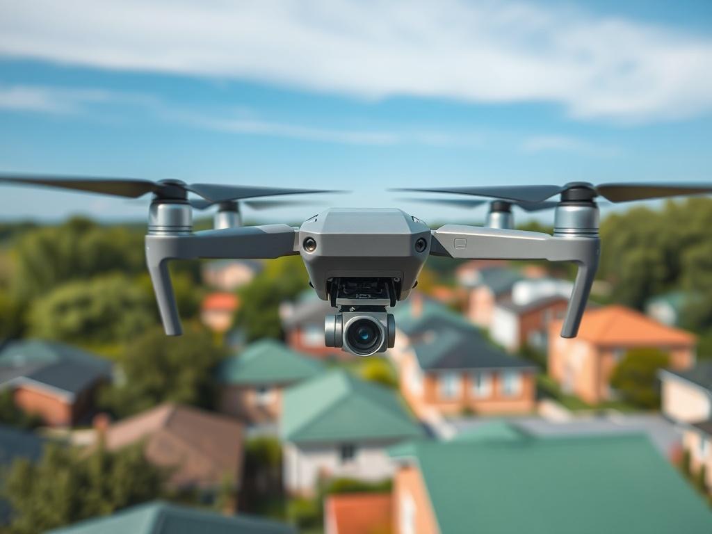 Create a realistic high-resolution photo of a drone flying over a residential area in Rosedale, Maryland. Capture the drone in a close-up shot with a clear blue sky and a view of green rooftops below. The background should be simple and unobtrusive, focusing on the drone and the vibrant colors of the residential neighborhood. Use a 45mm f/1.2 lens style for a hyper-realistic effect.