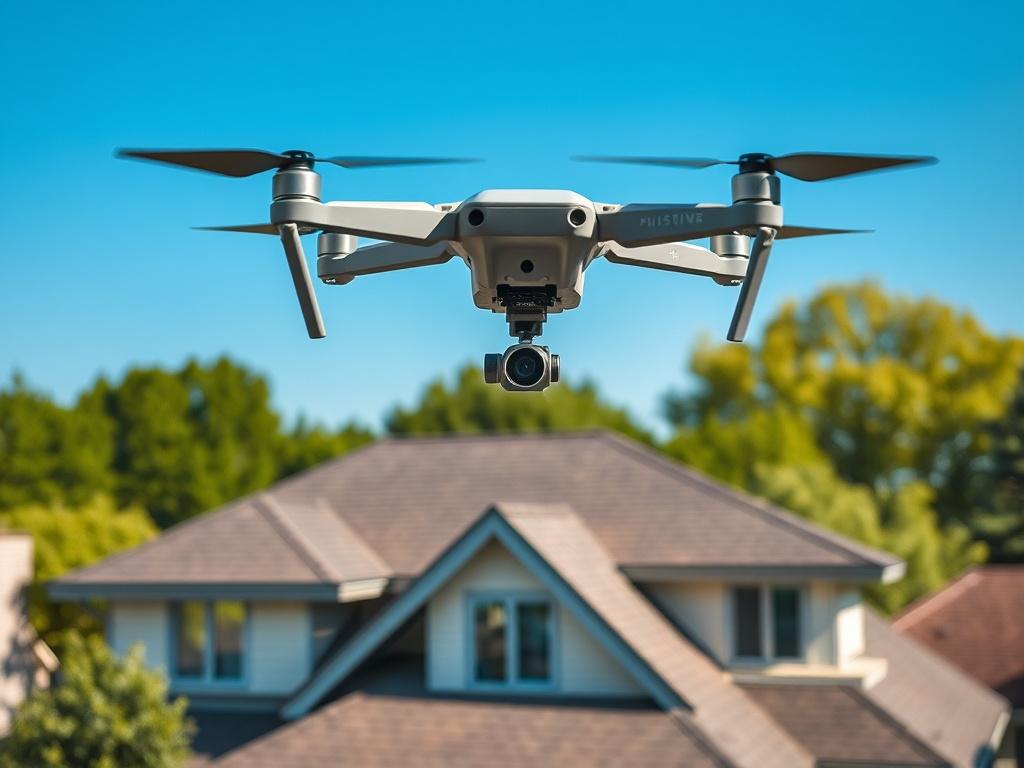 **AI Image Generation Prompt:**

Create a realistic high-resolution photo depicting a single drone capturing aerial images of a residential roof in Rosedale, Maryland. The composition should be simple and clear, with the drone prominently in focus against a bright blue sky, showcasing its high-tech design. Below the drone, display a well-maintained suburban house with a sloped roof that reflects typical Rosedale architecture, emphasizing the contrast between the modern technology of the drone and the tradit