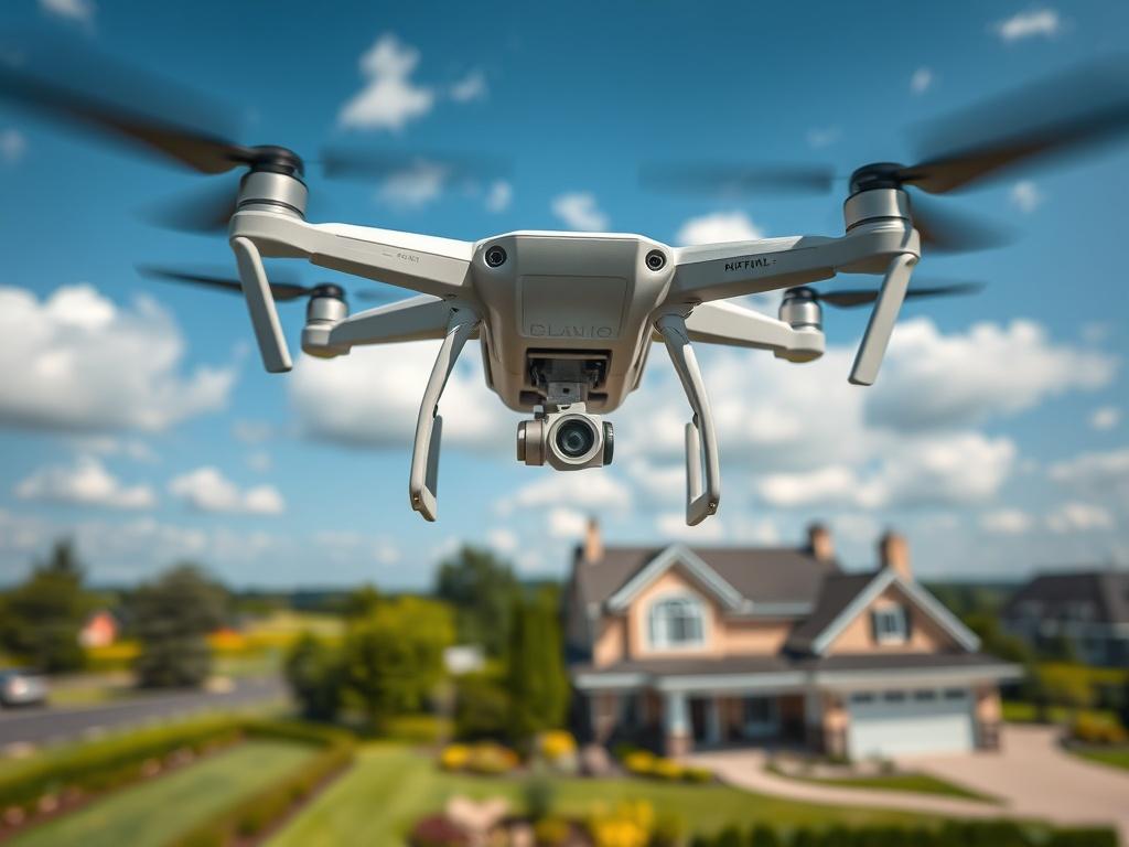 A high-resolution close-up shot of a professional drone in flight, capturing aerial footage of a residential property. The drone should be in focus against a clear blue sky with clouds in the background, showcasing its sleek design and advanced technology. The landscape below should include a well-maintained home with a garden, emphasizing the drone's capability for photography and inspections.