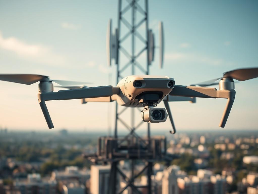 A close-up shot of a drone inspecting a cell tower, capturing detailed views of the tower structure and antennas. The background features a clear sky and urban landscape, symbolizing connectivity and modern technology.